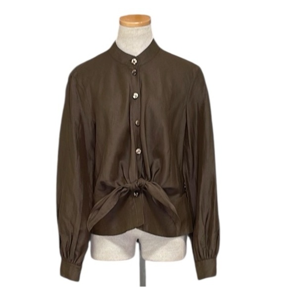 ESCADA Blouse Top Shirt Brown Linen Silk Button Front Tie Peplum Size Small - Picture 1 of 16